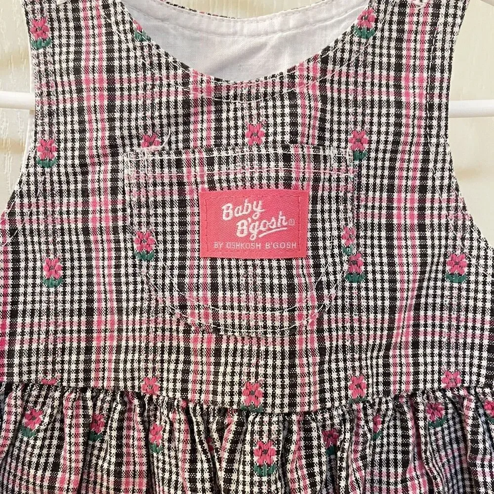 Vintage Oshkosh Baby B'gosh Floral Pink Black Plaid Dress USA Girls SZ 18 Months